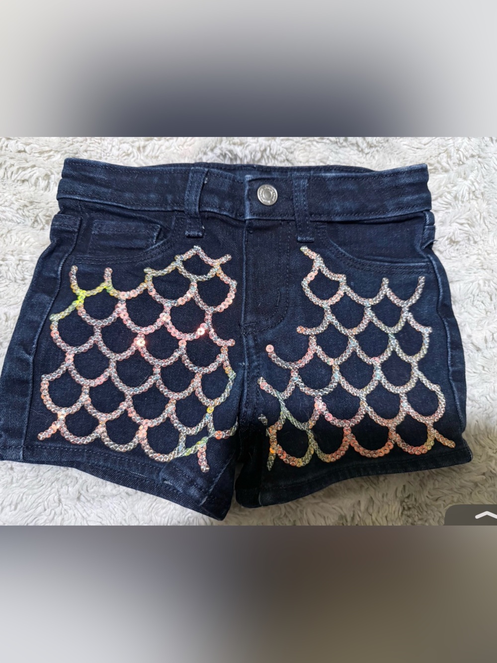 jumping beans Dark Blue Denim Shorts with Iridescent Sequin Mermaid Scales